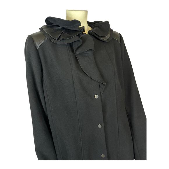 Elie Tahari 100% Wool Black Fitted Layered Leather Ruffle Collar Coat size XL - Picture 3 of 12